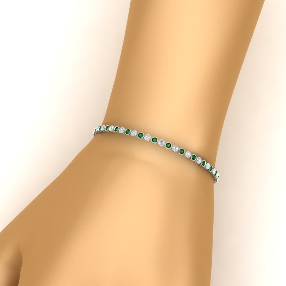 2.70 Ct. Diamond Bezel Set Tennis Bracelet with 14K White Gold Green Emerald
